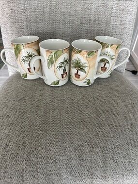 4 AMERICAN ATELIER Tropical palm porcelain coffee mugs palm tree  leaves
